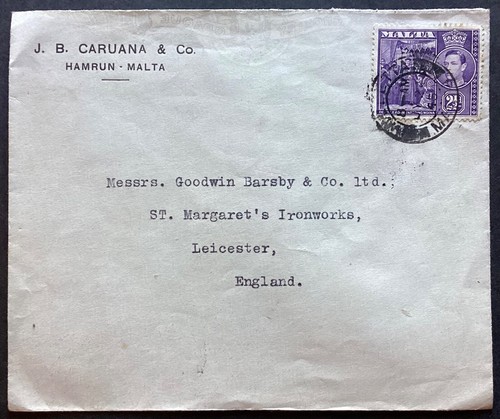MALTA 1946 2.5d Rate Commercial Cover to UK, J.B Caruana & Co, Hamrun (SS630
