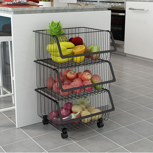 STORAGE STACKING WIRE BASKET STACKABLE SHELVES VEGETABLE FOOD KITCHEN RACK WHEEL - Picture 27 of 43