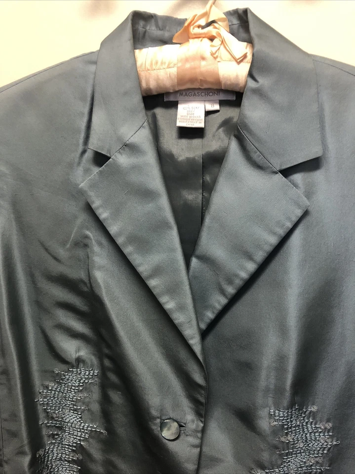 Jaqueta Blazer Magaschoni Azul Seda Bordada Lantejoulas 8 Euc - Imagem 2 de 4