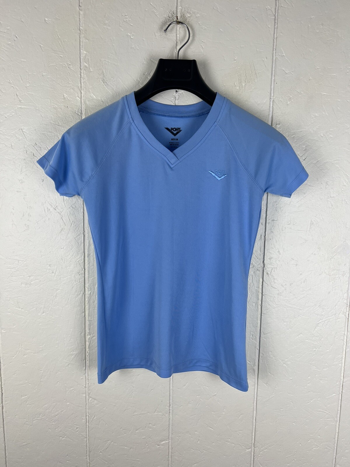 Camicia PONY donna blu medio collo a V manica corta ricamato pullover elasticizzato