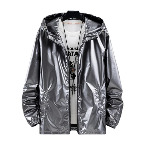 Herren glänzende Jacke Kapuze Mantel holografisch Harajuku Mode Top Freizeit - Bild 7 von 23
