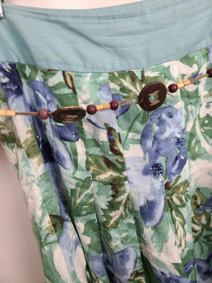 Maxi Falda TapeMeasure Mujer Lino Talla 10 Verde Azul Floral Cinturón con Cuentas BOHO Foto 3 de 4