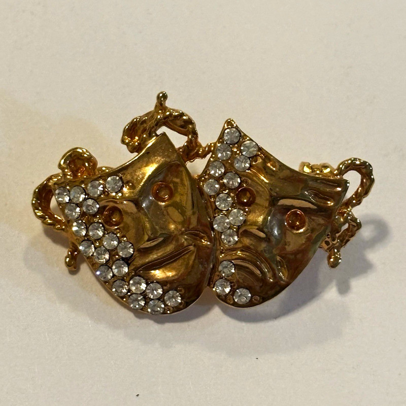 Vintage Gold Tone Comedy Tragedy Theater Masks Rhinestone Brooch Drama Pin