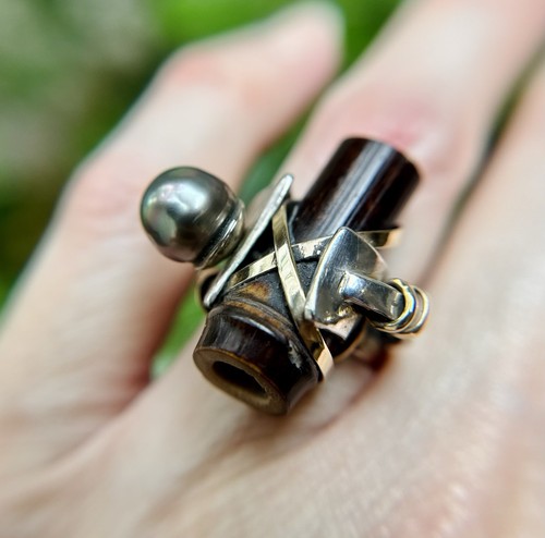 Fred & Janis Tate Sterling Silver 14K Gold Tahitian Pearl & Bamboo Ring Sz 5.75 - Picture 7 of 20