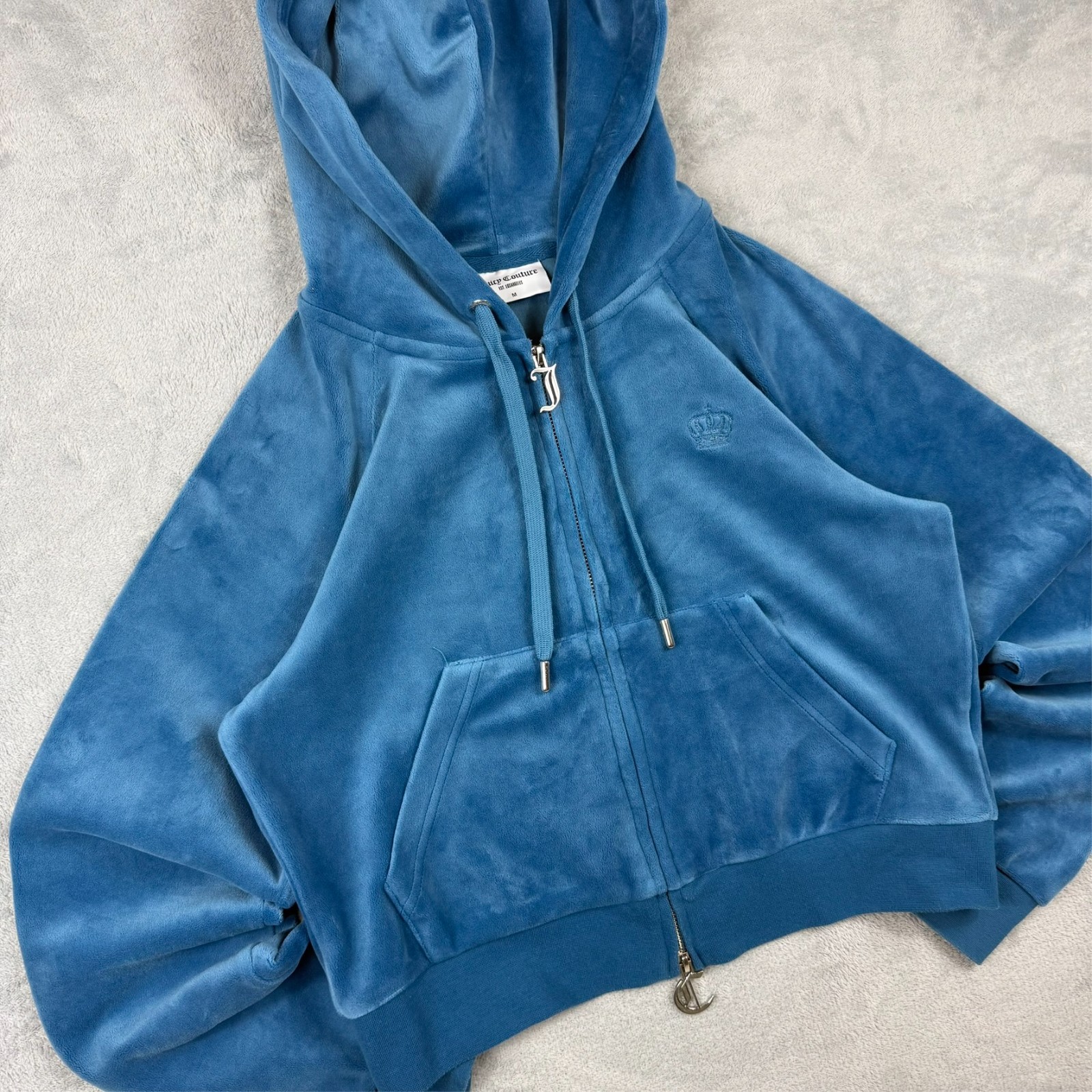 Juicy Couture Blue 'Madison' Velour Sz Medium Cropped Oversized Full Zip Hoodie image 4