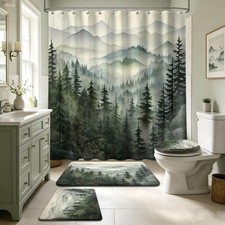 Sage Green Forest Bathroom Shower Curtain Sets with Rugs, Rustic Cabin Shower...