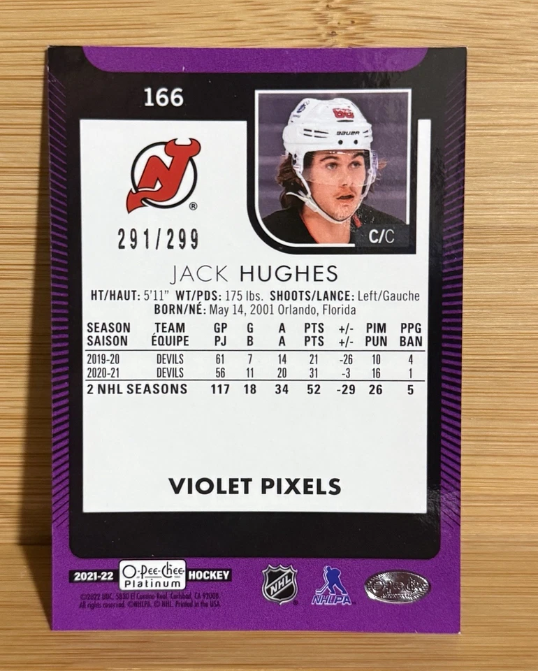 2021-22 O-Pee-Chee Platinum Violet Pixels /299 #166 Jack Hughes - Devils - Image 2 of 2