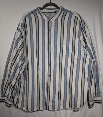 Cannon River Blues 3XL Striped Cotton Button-Up Shirt Blue White Band Collar