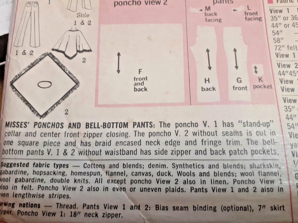 Simplicity 7871 Bell Bottom Pants Poncho Cape Sewing Pattern Ladies 10 VTG Cut - Image 4 of 4