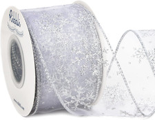 Snowflake Glitter Wired Ribbon,White Organza Sheer with Silver Glitter Snowflake