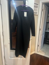 Zara Long Black/ Back Slit long  Sleeve V Neck Dress  NWT Size L
