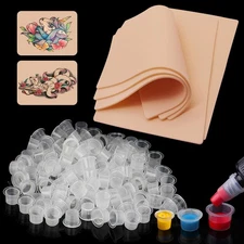 5PCS Tattoo Practice Skin 3MM and Ink Caps - Includes 300pcs Mixed Sizes Tatt...