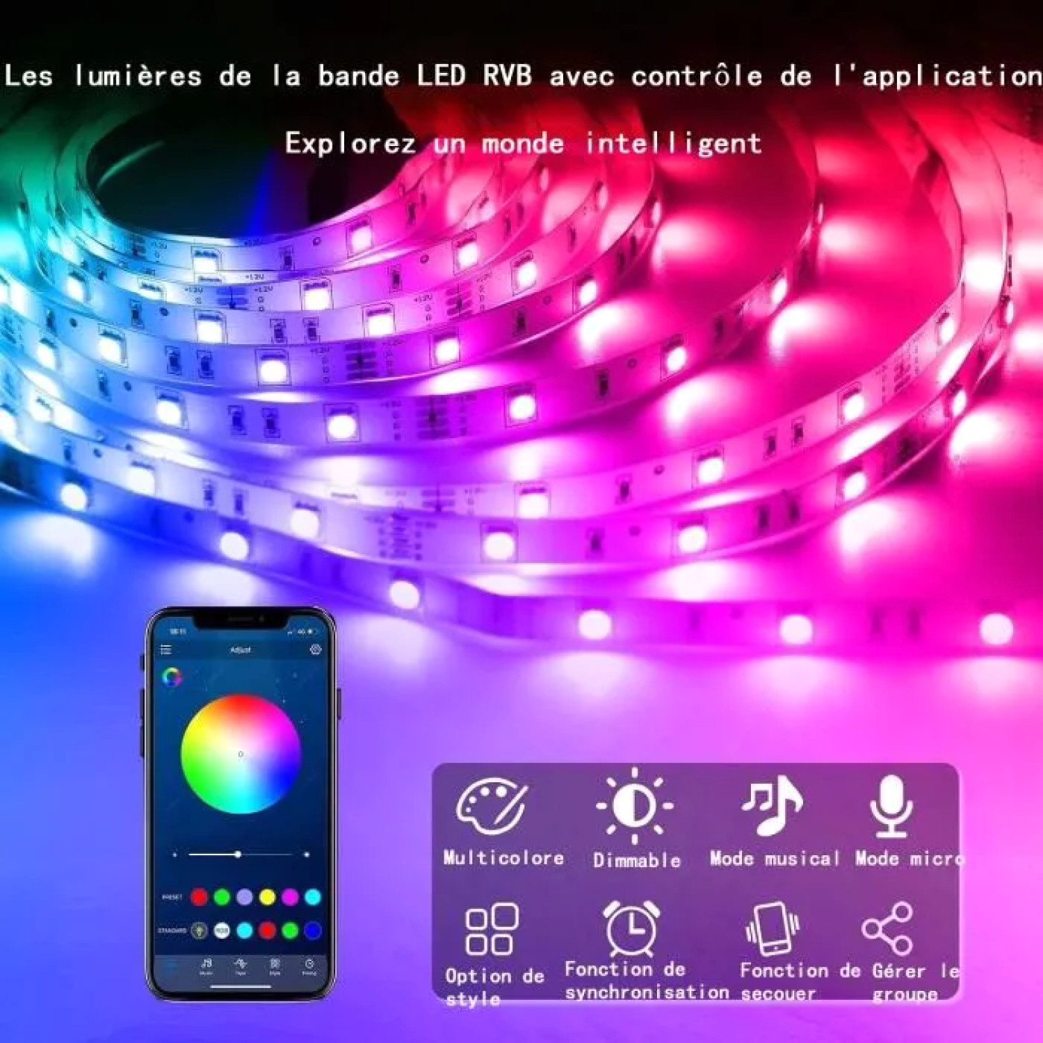 Ruban LED 20M RVB haute densité flexible avec application Bluetooth et télécommande 44 touches - 3