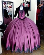 Plum Rococo Victorian Ball Gown Black Lace Applique Dress WithShort Black Jacket