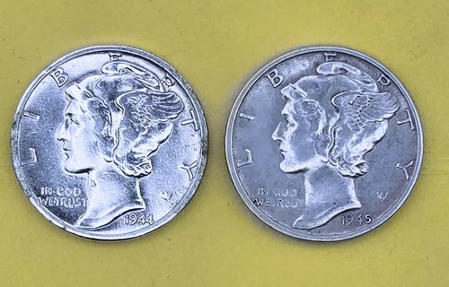 1944-1945 (P) Mercury Dime 2 Coin Lot, AU, 90% Silver, Uncleaned/Original Pics
