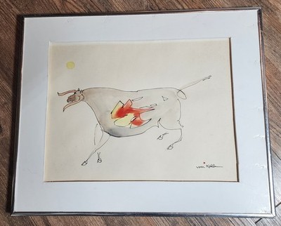 James Von Kohler Midcentury Ink & Watercolor Painting Famous bull NY Artist...