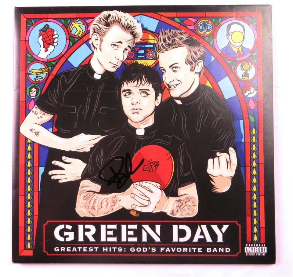 Portada de álbum autografiada de Billy Joe Armstrong Green Day Hits JSA XX76805