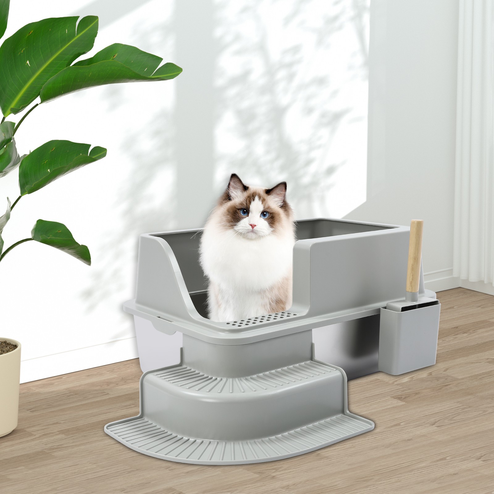 20L Stainless Steel Cat Litter Box Extra Large Litter Pan with High Side & Stair