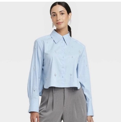 Express Light Blue Beaded Button-Down Collared Cotton Blouse Women XS