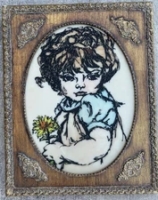 Vintage Unique Engraved Art - Girl With Flower in Wood Frame - by Roberta