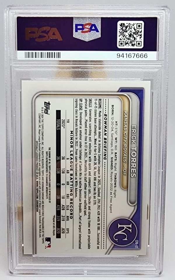 Erick Torres 2024 1st Bowman Chrome Prospect Speckle CPA-ET /299 Auto KC PSA 10 - Image 4 of 4