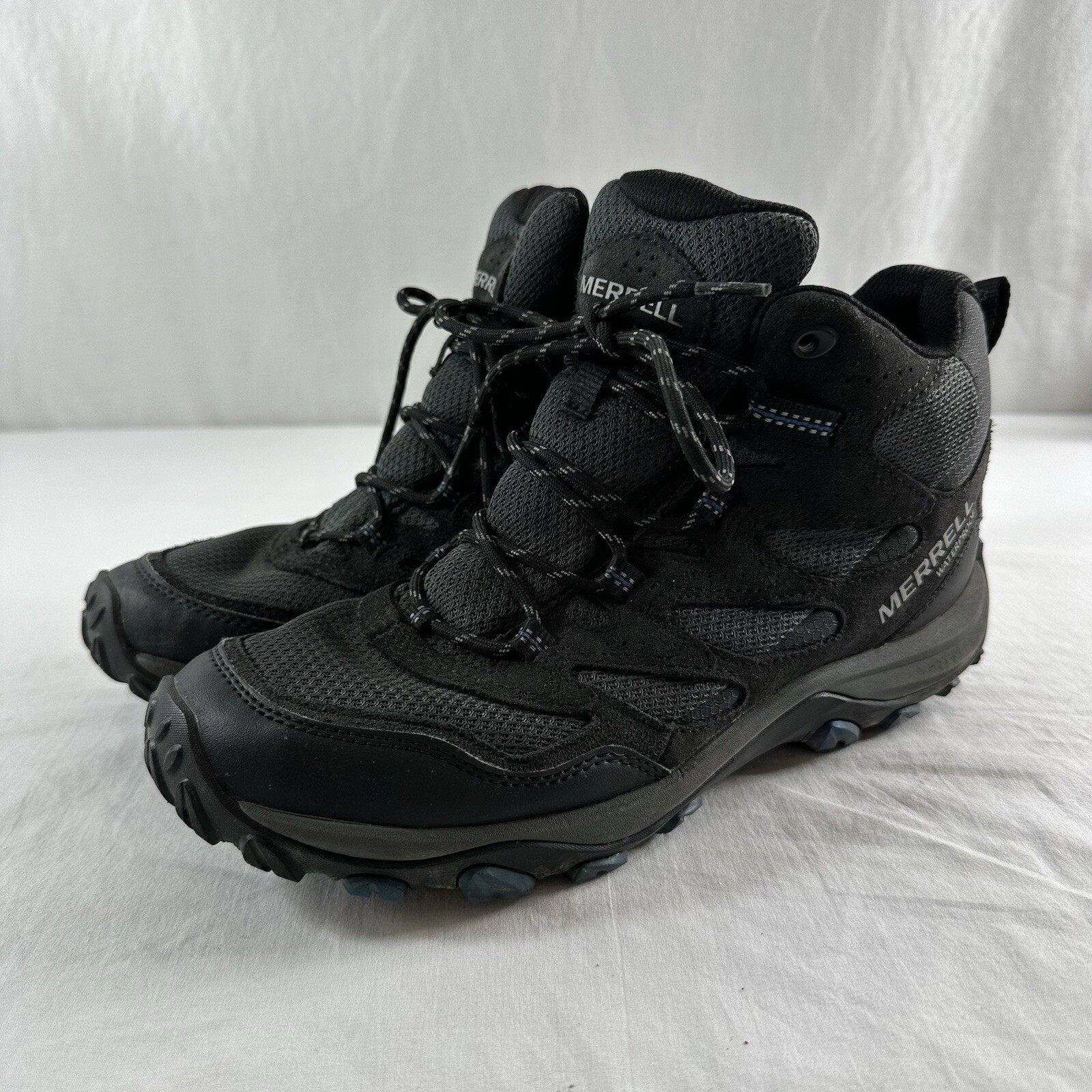 Merrell West Rim Stivali da passeggio Mid da uomo 9 5 impermeabili neri e blu usati in ottime condizioni
