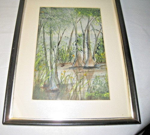 Gene Bennett Painting Swamp Trees Flora Framed Under Glass Vivid Colors Signed - Picture 2 of 9