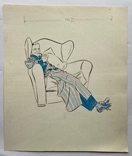 Acquerello Anonimo Art-Deco Uomo Con Pipa In Poltrona Anni 30 Vintage 34,5 Cm