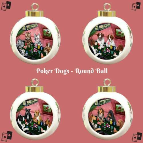 Home of 4 Dogs Cats Playing Poker Pets Photo Round Ball Christmas Tree Ornament - Afbeelding 1 van 80