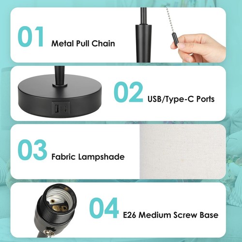 GGOYING Set of 2 Bedside Table Lamp, Pull Chain Nightstand Lamps with USB C C... - Picture 7 of 7