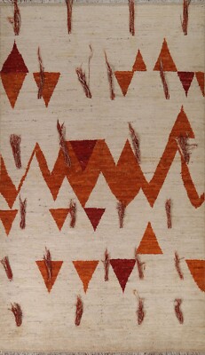 Abstract Ivory/ Orange Moroccan Oriental Area Rug Hand-knotted Wool Carpet 7x10