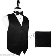 BLACK Solid Tuxedo Suit Dress Vest Waistcoat and Bow tie Hankie Set Prom Wedding