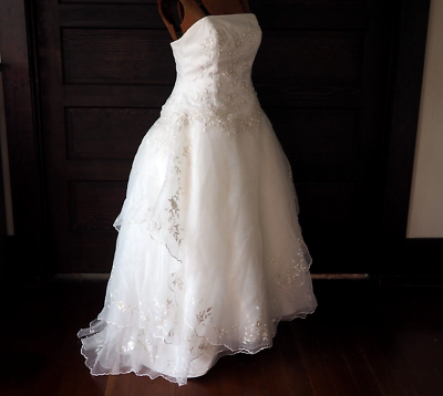 White Strapless Beaded Embroider Chiffon Ballgown 3 Tier Wedding Dress  Train L | eBay
