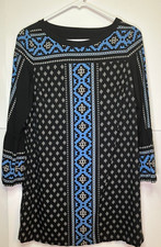 LOFT-Black, Blue, White Snowflake with Bell Sleeves Dress-Petite Small