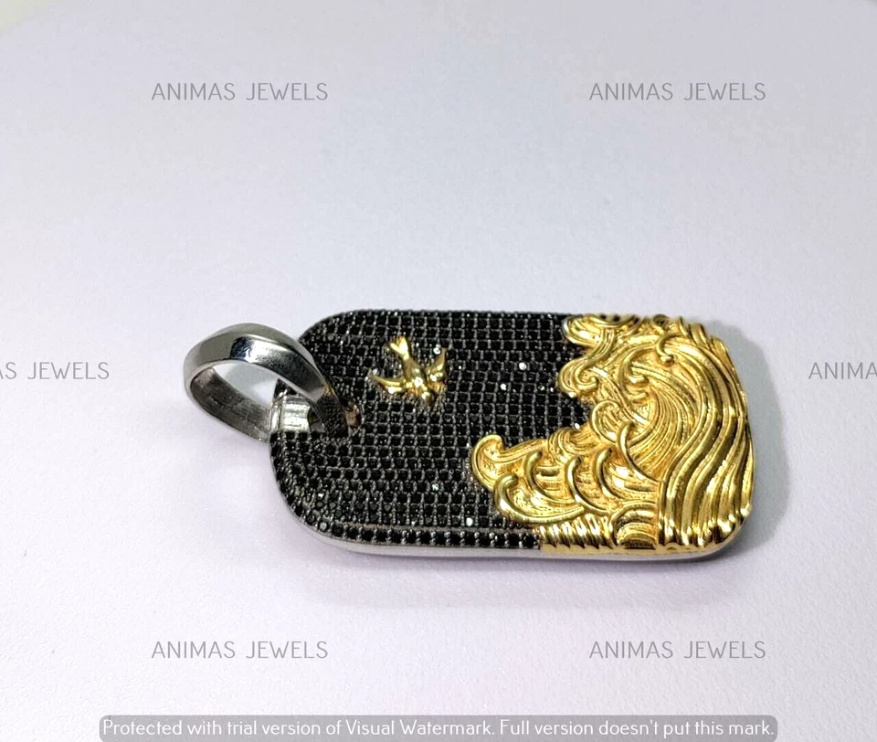 Мужской кулон жетон для собаки 2,20 карата созданный в лаборатории черный бриллиант 14 карат двухцветное золотое покрытие - Изображение 3 из 4