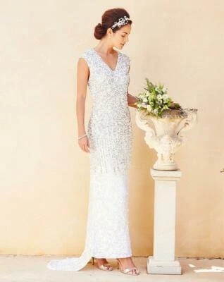 Joanna Hope Stunning Sequin Wedding/Evening Maxi Dress Ivory/Silver Size 26 BNWT