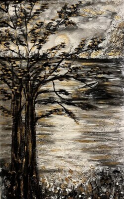 LiBo Art Gallery 3D strukturelles großes Baumgemälde schwarz weiß gold, Acryl