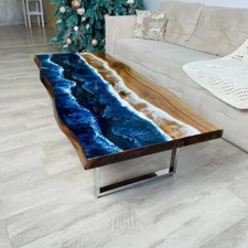 Ocean Blue Epoxy River Table ? Live Edge Walnut Wood Handmade