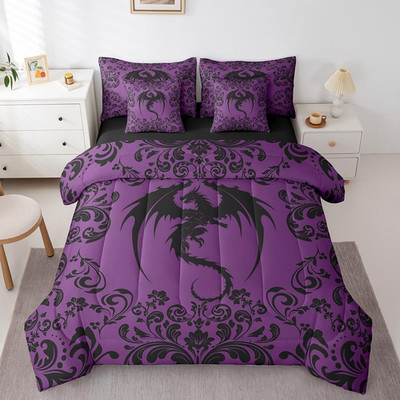 Gothic Dragon Queen 7-Piece Comforter Set in Purple & Black Boho Style