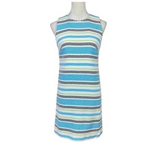 Worth New York 2 Bright Blue Green Stripe Tweed Sleeveless Career Sheath Dress