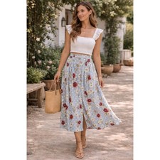 Cottagecore Boho Prairie Farm Blue Red PolkaDot Floral Button Front M Midi Skirt