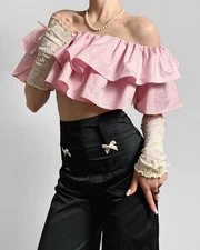 Guess Cute Pink Ruffle Crop Top Romantic Cottagecore Glamour Y2K Women's S 