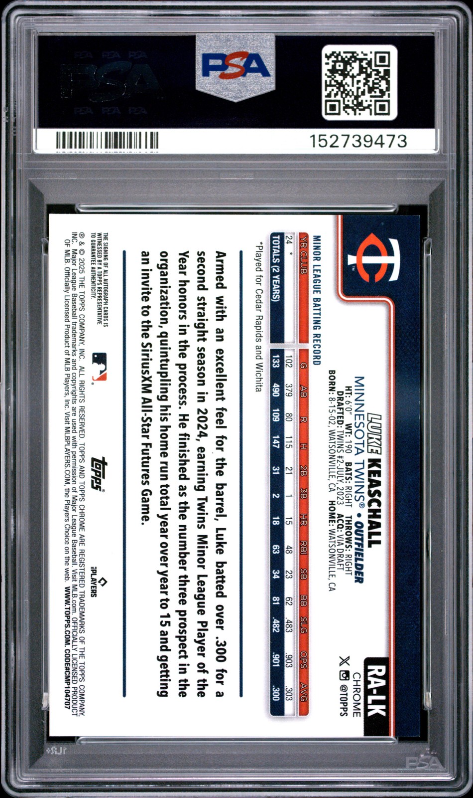 2025 TOPPS CHROME UPDATE AUTO #LK LUKE KEASCHALL ROOKIE RC PSA 8 view 2