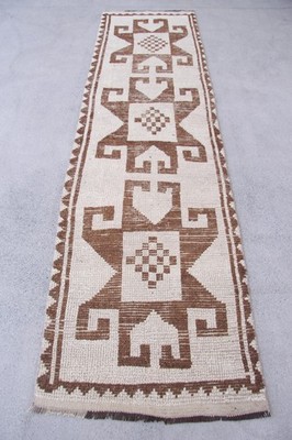 Vintage 2,9x11,1 ft Rug, Herki Turkish Rug, Brown Bordered Rug Wool