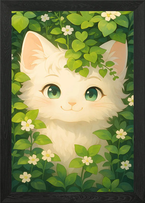 Niedliche weiße Katze im Grünen gerahmtes Wandbild Poster Leinwanddruck Bild