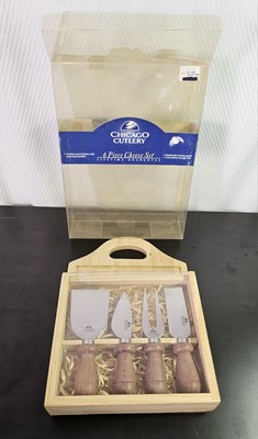 VTG 2002 Chicago Cutlety 6pc Cheese Set 4 Knives Cutting Board Storage Box NOB