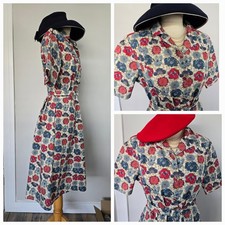 Vintage 1940s 1950s Style Red Blue Floral Belted Tea Dress Size 14