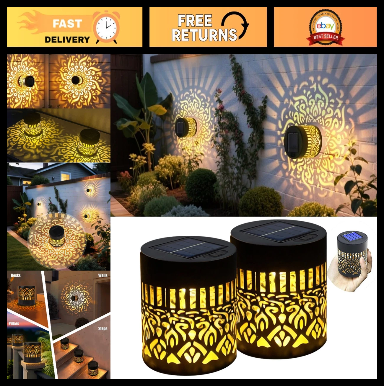 2 Pack Solar Mandala Lights - Waterproof Decorative Outdoor Wall & Deck Lights