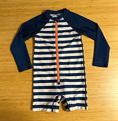 Tea Collection 2T UV Sun Suit Striped Long Sleeve Zip Navy/White Orange