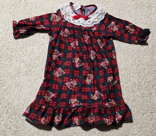 Vintage Girls Winter Nightgown Size 2T 90's Longsleeve Bears Plaid